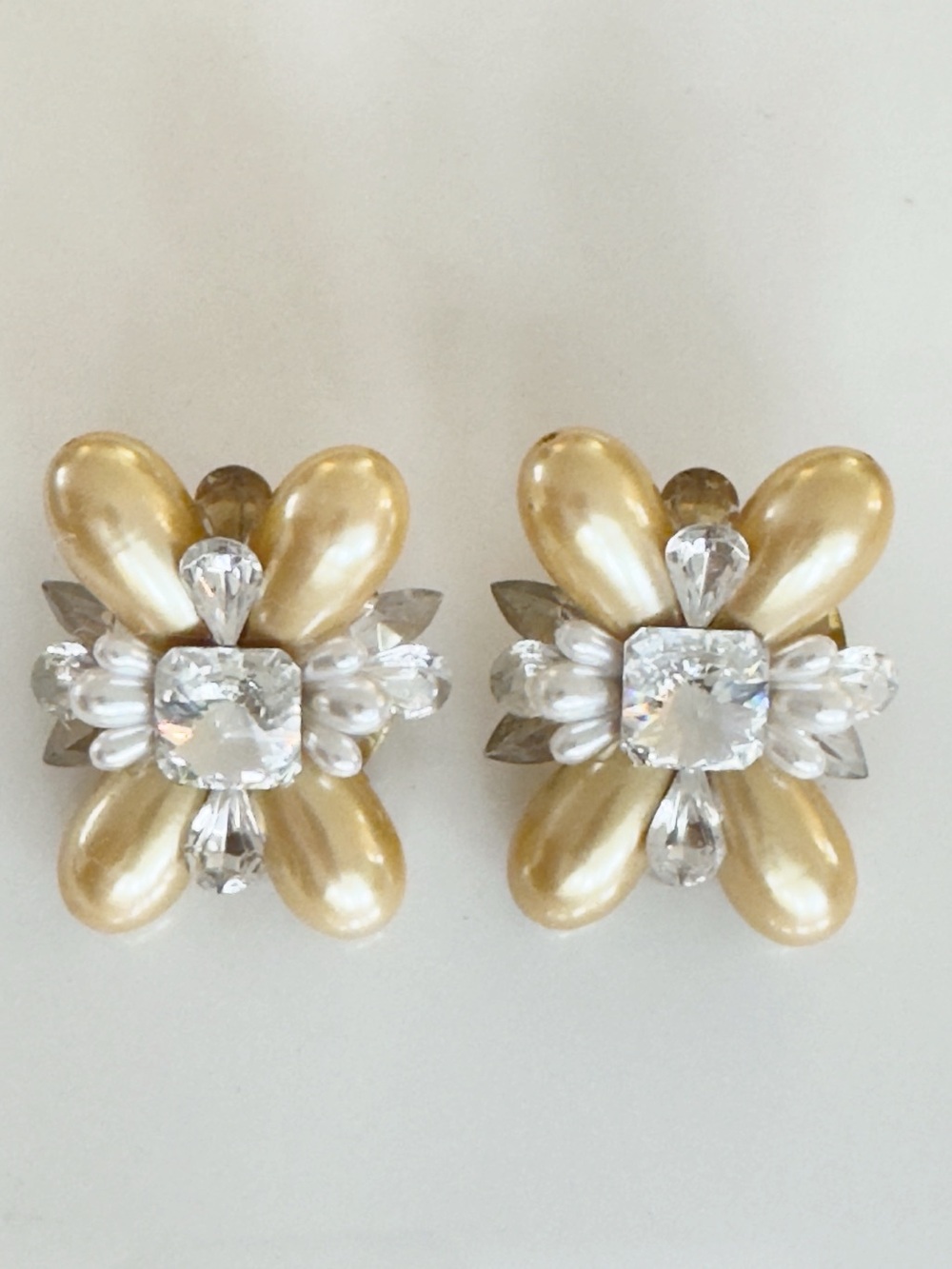 Wendy Gell Mid-Century Maltese Cluster Pearl and Crystal Floral Clip Earrings